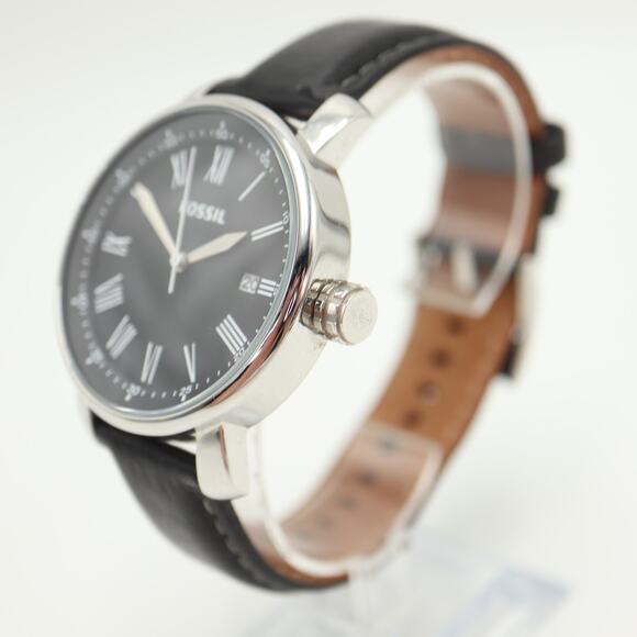 Fossil Rhett Mens Black Roman Date 42mm Watch BW1015 Black Leather w New Battery - Picture 8 of 13